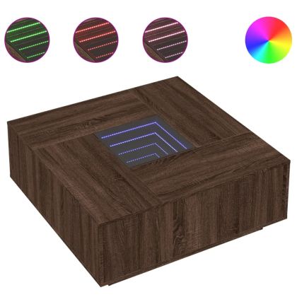 Маса за кафе с Infinity LED, кафяв дъб, 100x100x40 см