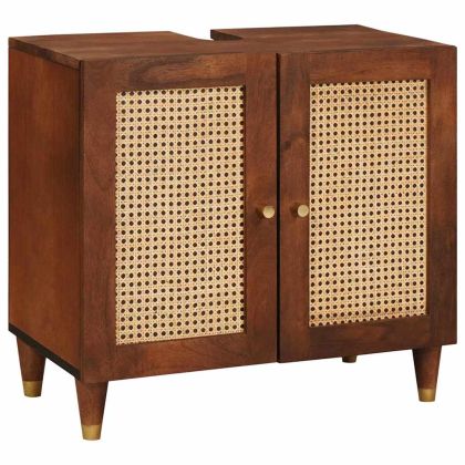 Шкаф за баня с рафт 5 pcs Кафяв и черен Солидно мангово дърво