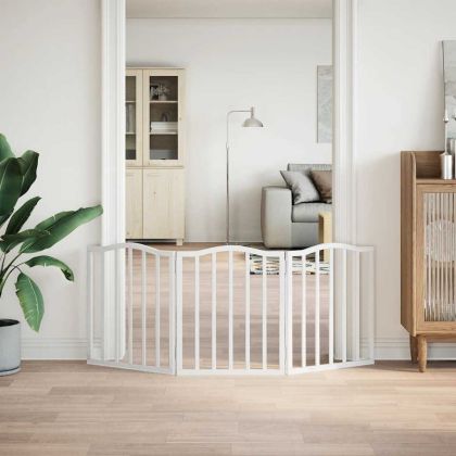 Сгъваема преграда за кучета 3 панела бял 150 см тополово дърво