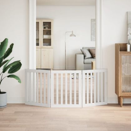 Сгъваема преграда за кучета 3 панела бял 150 см тополово дърво