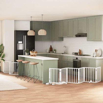 Сгъваема преграда за кучета с врата 9 панела бял 450 см топола