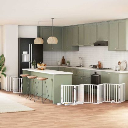 Сгъваема преграда за кучета с врата 15 панела бял 750 см топола