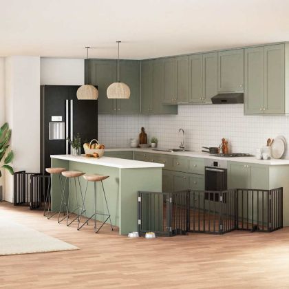 Сгъваема преграда за куче с врата 12 панела черна 600 см топола