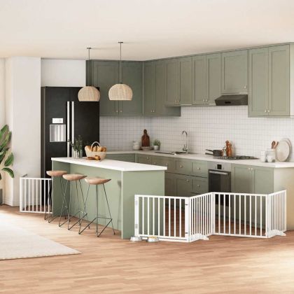 Сгъваема преграда за кучета с врата 10 панела бял 800 см топола