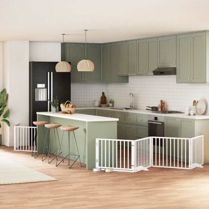 Сгъваема преграда за кучета с врата 12 панела бял 960 см топола