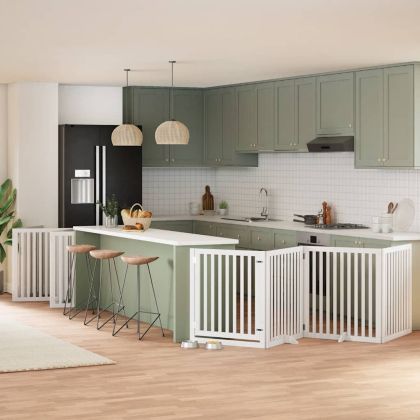 Сгъваема преграда за кучета с врата 12 панела бял 960 см топола