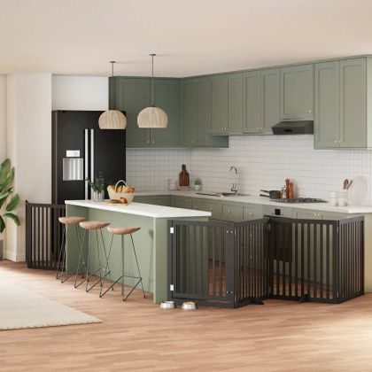 Сгъваема преграда за куче с врата 6 панела черна 480 см топола