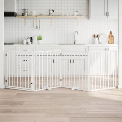 Кучешка порта с врата, сгъваема, 4 панела, бяла, 320 см, тополово дърво