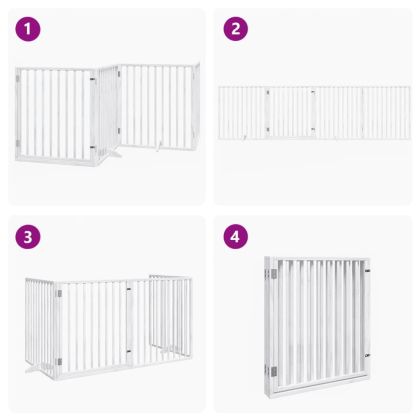 Кучешка порта с врата, сгъваема, 4 панела, бяла, 320 см, тополово дърво