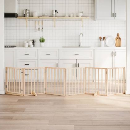 Кучешка порта с врата, сгъваема, 6 панела, 300 см, тополово дърво