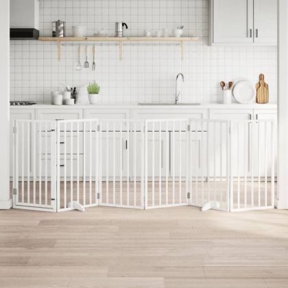 Кучешка порта с врата, сгъваема, 6 панела, бяла, 300 см, тополово дърво