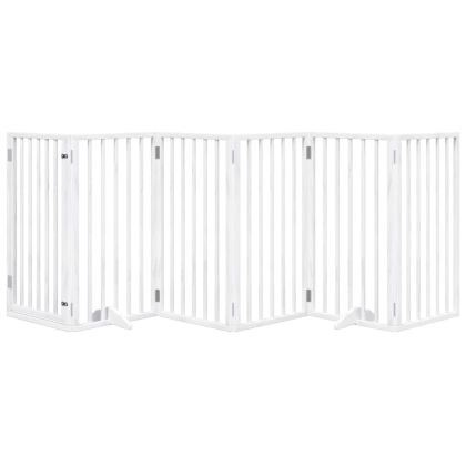 Кучешка порта с врата, сгъваема, 6 панела, бяла, 300 см, тополово дърво