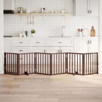 Сгъваема преграда за куче с врата 6 панела кафява 300 см топола