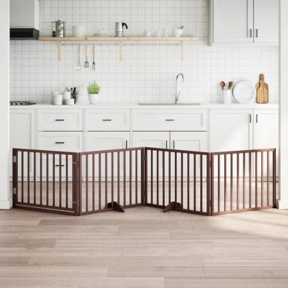 Кучешка порта с врата, сгъваема, 4 панела, кафява, 320 см, тополово дърво