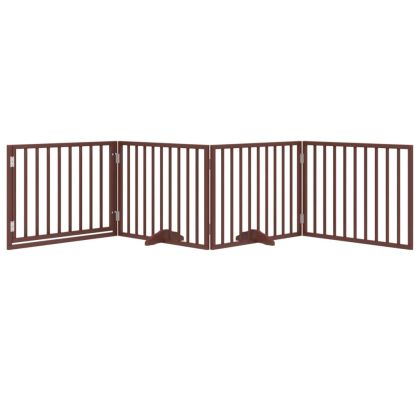 Кучешка порта с врата, сгъваема, 4 панела, кафява, 320 см, тополово дърво