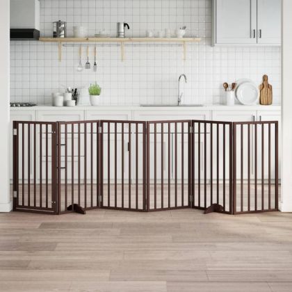 Кучешка порта с врата, сгъваема, 6 панела, кафява, 300 см, тополово дърво