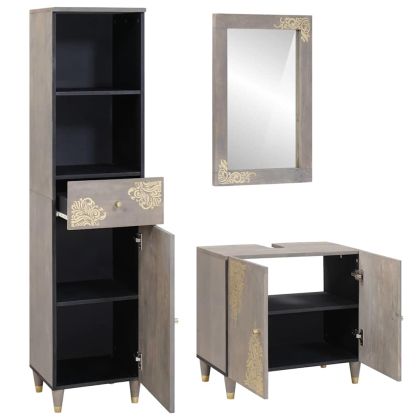 Комплект шкафове за баня 3 pcs Сив Солидно мангово дърво