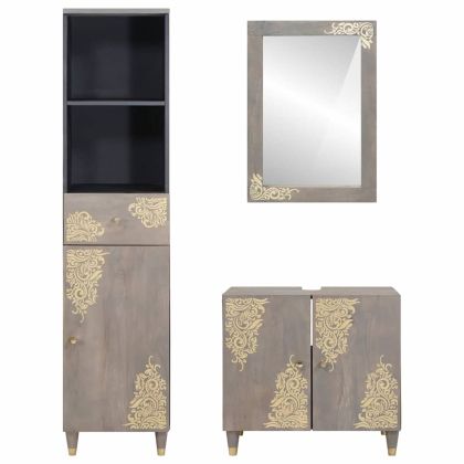 Комплект шкафове за баня 3 pcs Сив Солидно мангово дърво