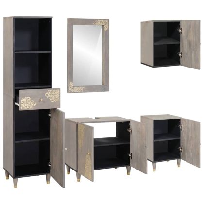 Комплект шкафове за баня 5 pcs Сив Солидно мангово дърво