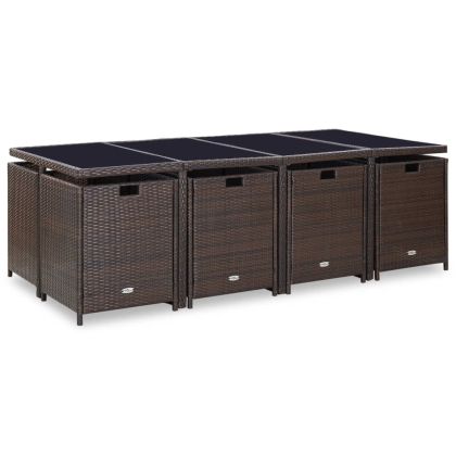 Градински комплект с възглавници, 13 части, кафяв полиратан