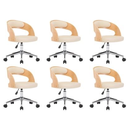 Въртящи столове, 6 бр, кремави, извито дърво и изкуствена кожа