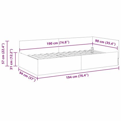 Ъглова рамка за легло Светлосиво 90 см x 190 см Кадифе