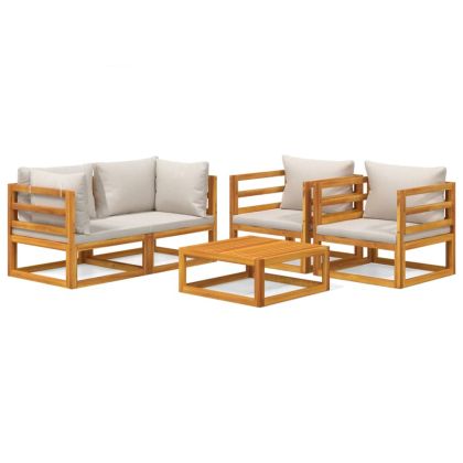 Градински комплект със светлосиви възглавници, 5 части, масив