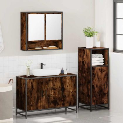 Комплект мебели за баня от 3 части, опушен дъб, инженерно дърво