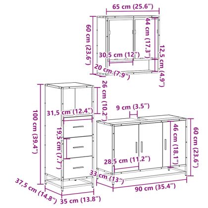 Комплект мебели за баня от 3 части, опушен дъб, инженерно дърво