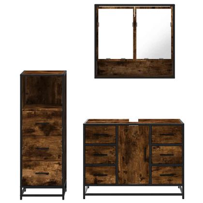 Комплект мебели за баня от 3 части, опушен дъб, инженерно дърво