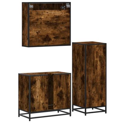 Комплект мебели за баня от 3 части, опушен дъб, инженерно дърво