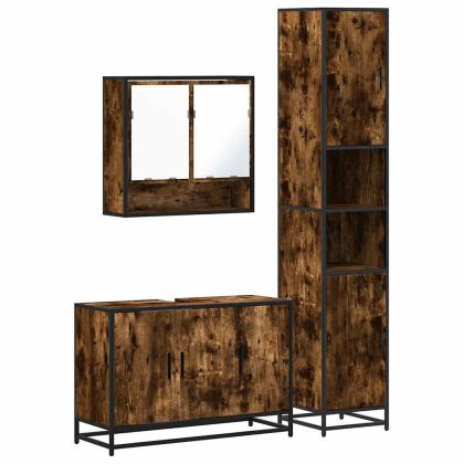 Комплект мебели за баня от 3 части, опушен дъб, инженерно дърво