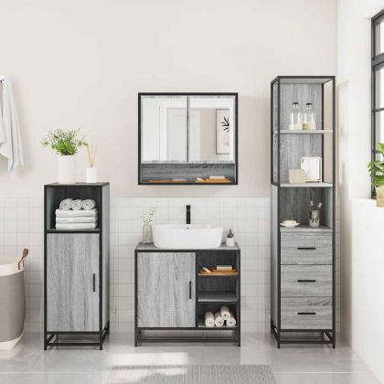 Комплект мебели за баня от 3 части сив сонома инженерно дърво