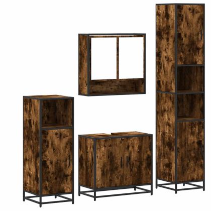 Комплект мебели за баня от 4 части, опушен дъб, инженерно дърво