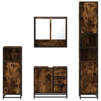 Комплект мебели за баня от 4 части, опушен дъб, инженерно дърво