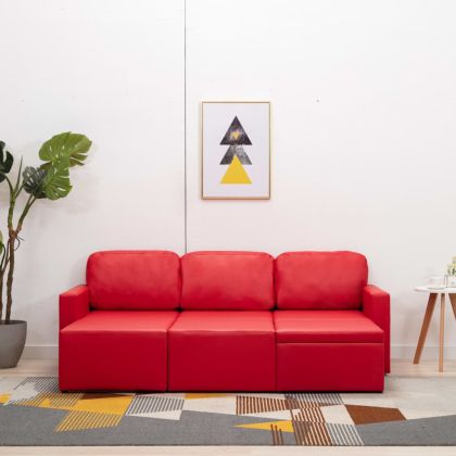3-местен модулен диван легло, червен, изкуствена кожа
