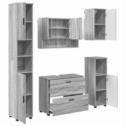 Комплект мебели за баня с чекмедже с рафт 5 pcs Сив Сонома