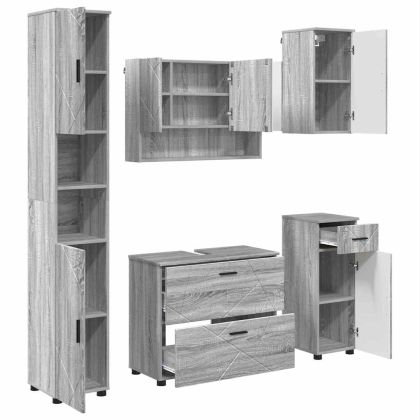 Комплект мебели за баня с чекмедже с рафт 5 pcs Сив Сонома