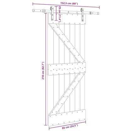 Плъзгаща врата с монтажни части, 85x210 см, борово дърво масив