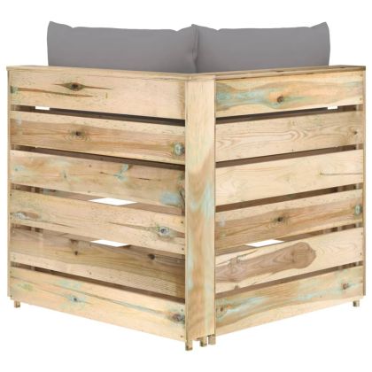 Секционен ъглов диван с възглавници, зелено импрегнирано дърво