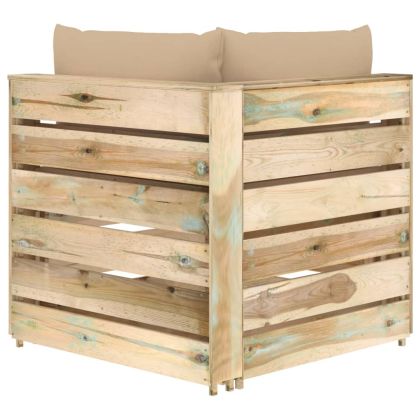 Секционен ъглов диван с възглавници, зелено импрегнирано дърво