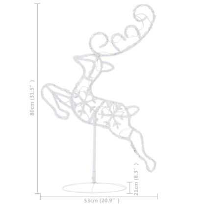 Акрилни летящи коледни елени с шейна, 260x21x87 см, топло бяло