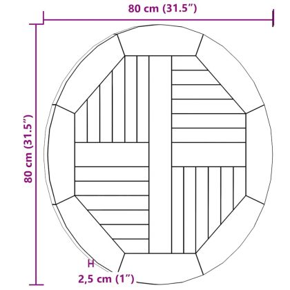 Плот за маса, тиково дърво масив, кръгъл, 2,5 см, 80 см