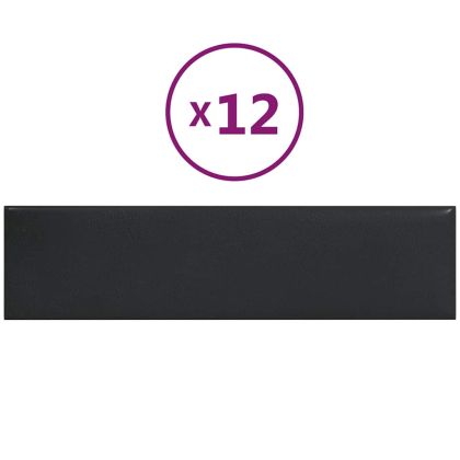 Стенни панели, 12 бр, черни, 60x15 см, изкуствена кожа, 1,08 м²
