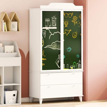 Гардероб с дъска за писане с чекмедже Бяло 90 x 45 x 180 cm