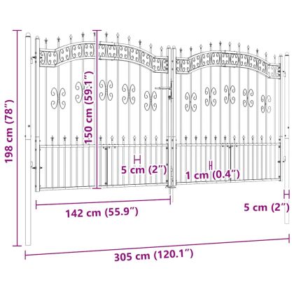 Оградна порта с капак тип „копие“, черна, 305x150 см, прахово боядисана стомана
