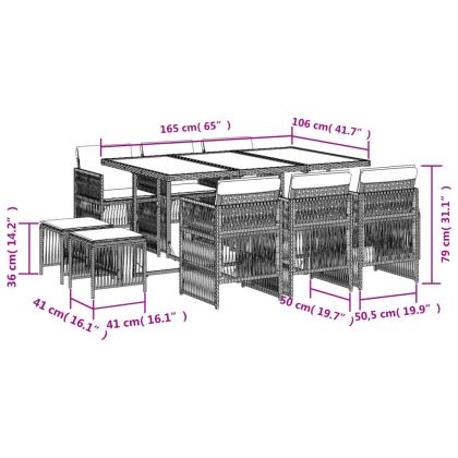 Градински комплект с възглавници, 11части, бежов микс полиратан