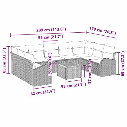 Градински Софа Комплект с възглавница 10 pcs Бежово Полиратан