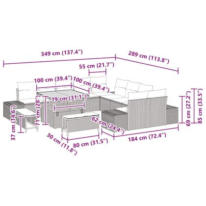 Градински Софа Комплект с възглавница 13 pcs Черно Полиратан