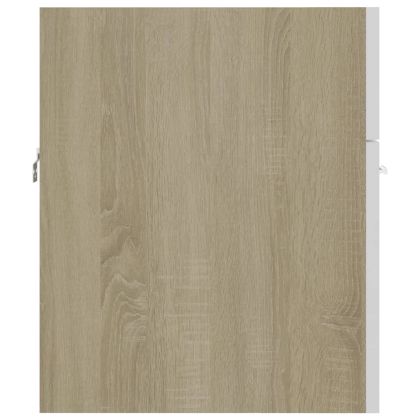 Шкаф за баня с вградена мивка бяло и дъб сонома инженерно дърво